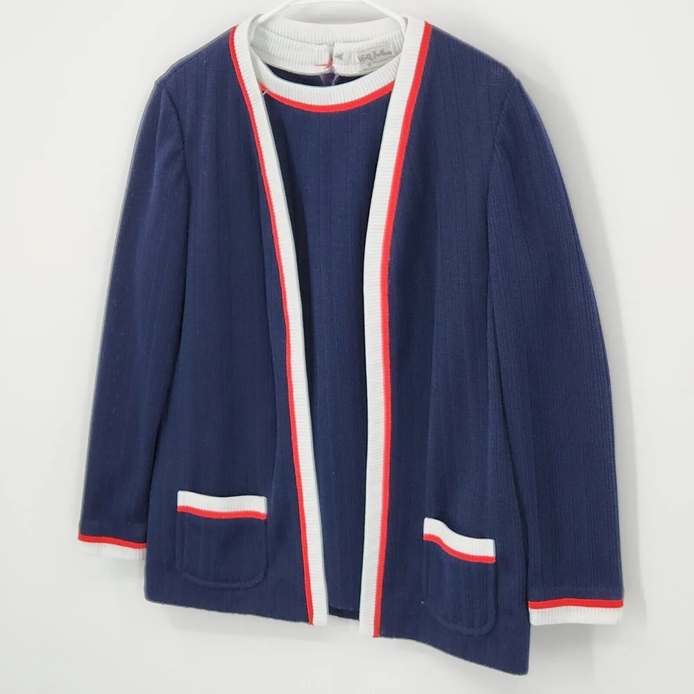 Iconic Wolf Brothers Of Florida Blue Cardigan Red White Stripes Pockets Size 14